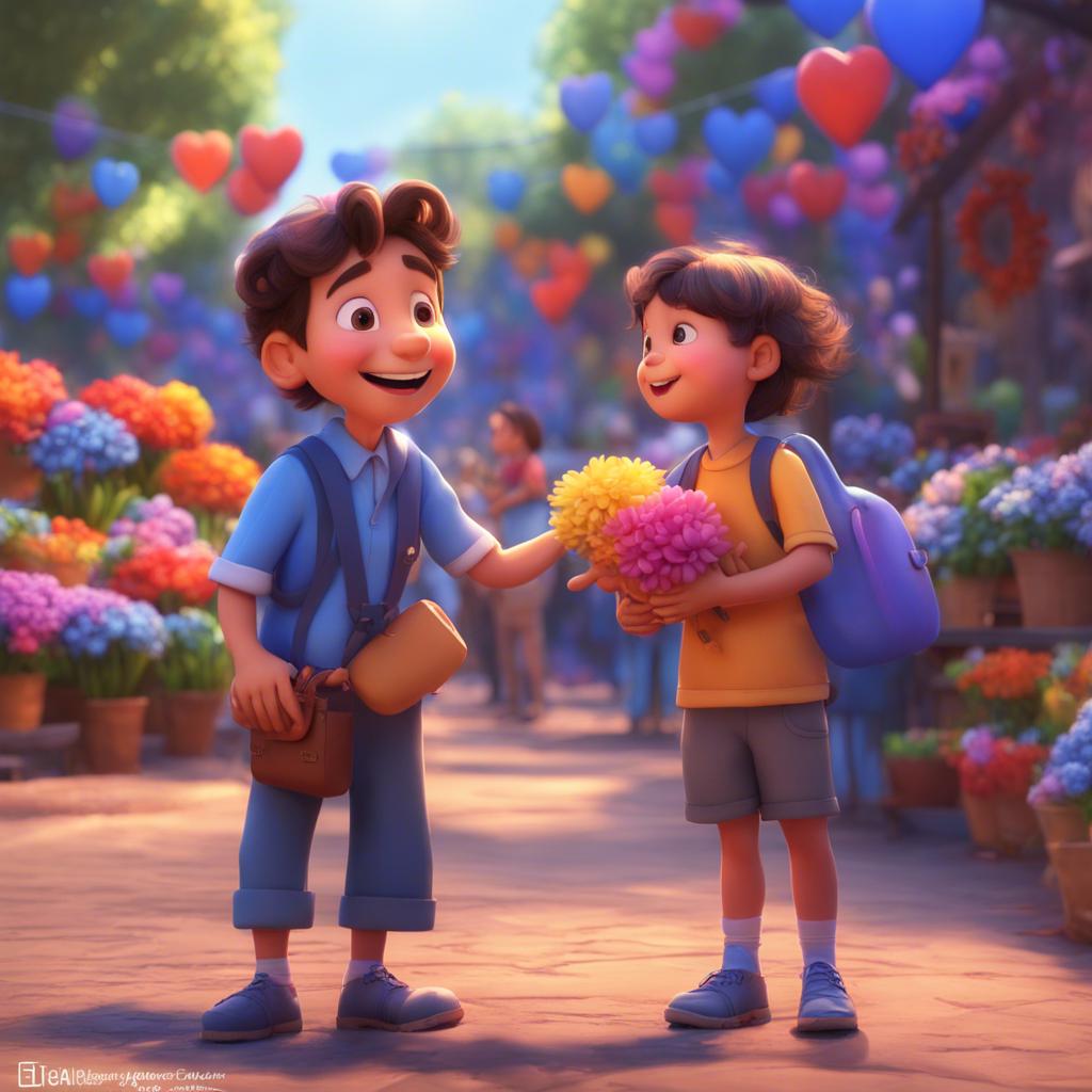 A friendly vendor explaining the special blue heart-shaped flower to the kids, colorful flower displays in the background, smiles all around, digital art, warm light, fulfilling scene, high quality