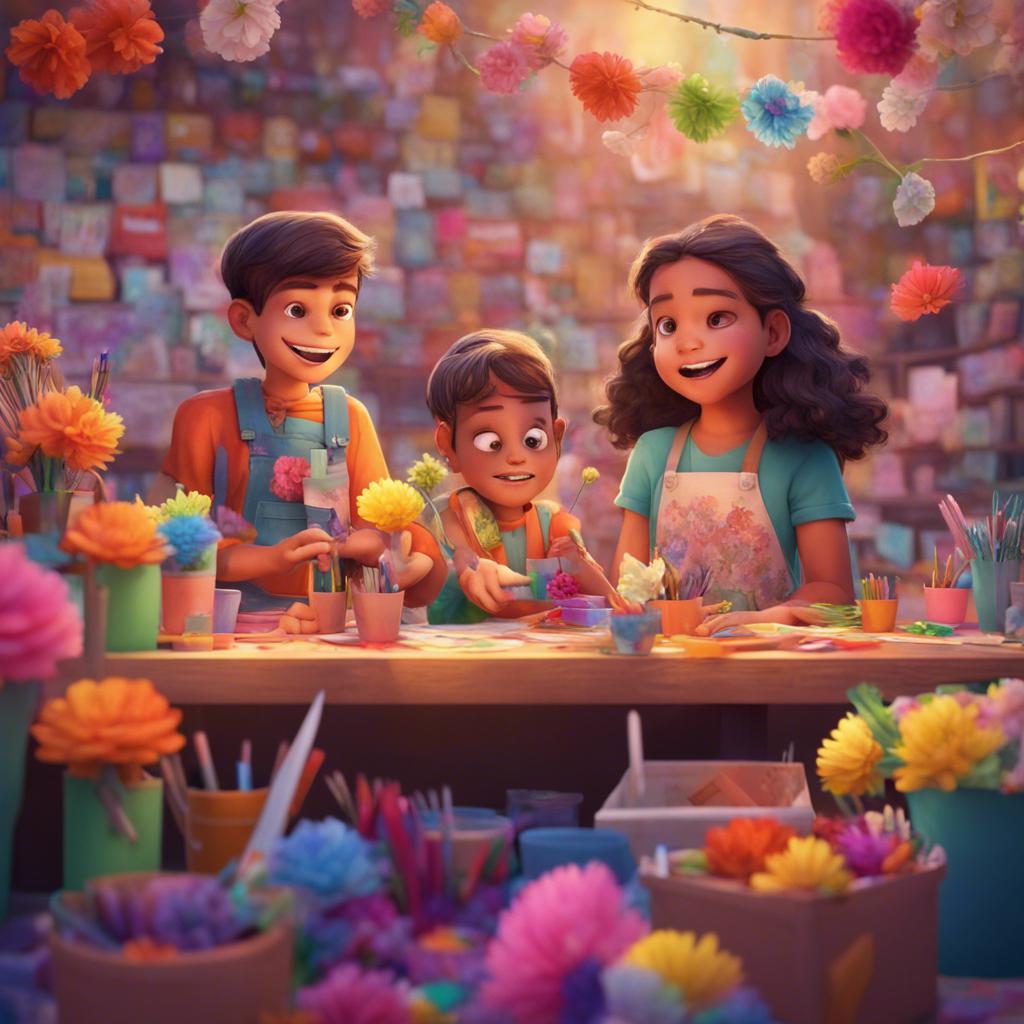 Kids eagerly asking the vendor how to make beautiful flowers, surrounded by craft supplies and colorful papers, engaging expressions, digital art, bright colors, inspiring mood, high quality