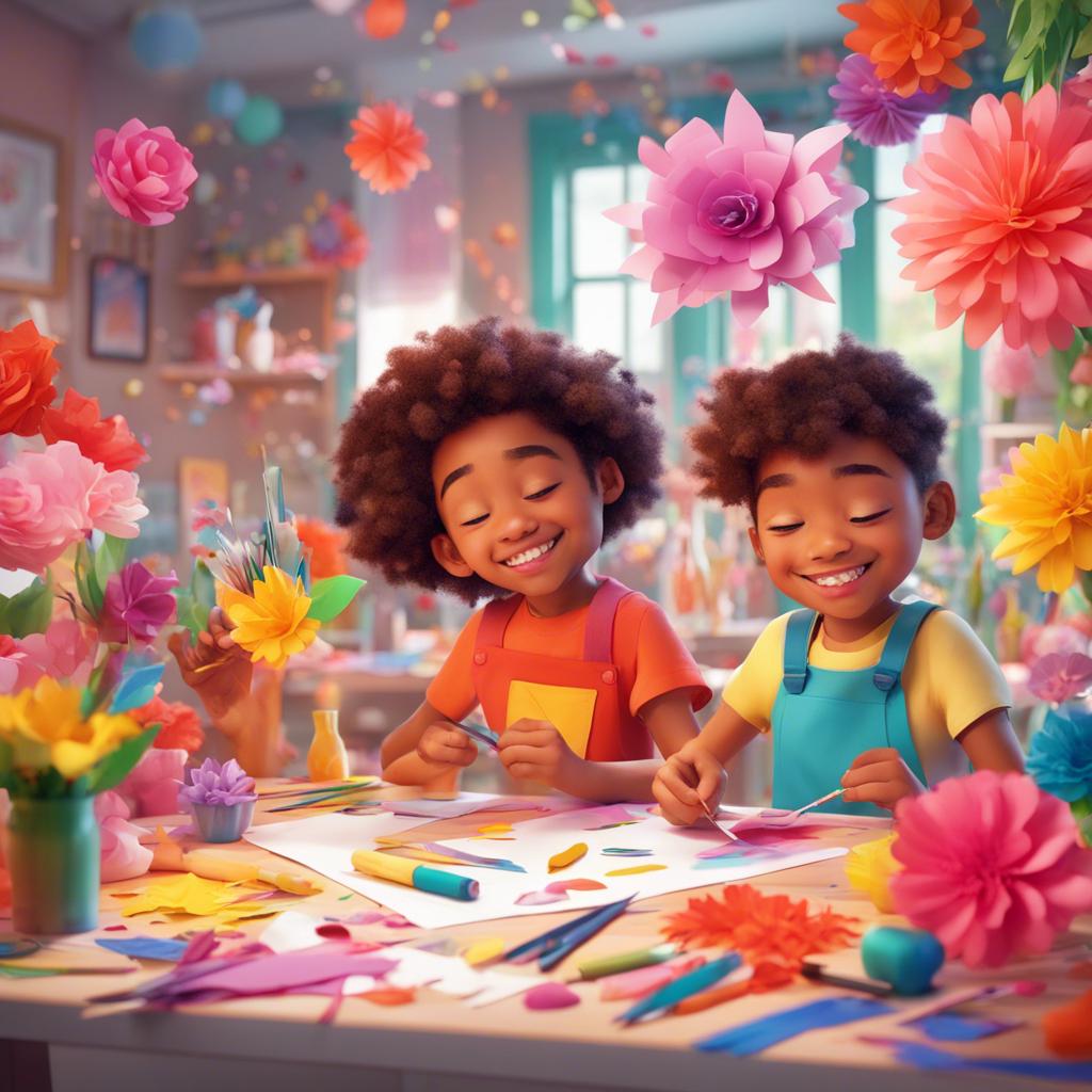 Children cutting, gluing, and decorating paper flowers with vibrant colors, fun and laughter in the air, art supplies scattered around, digital art, bright cheerful light, lively atmosphere, high quality