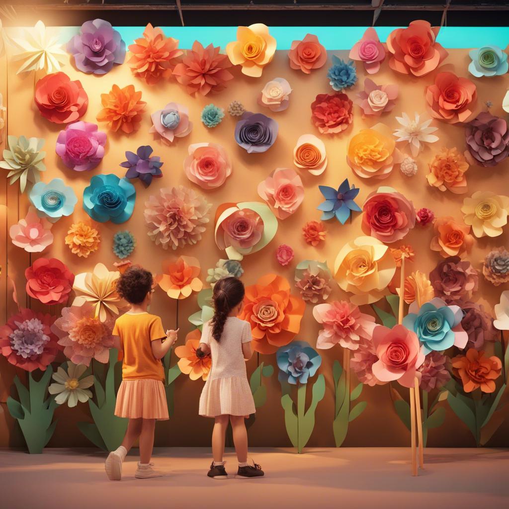 Individual children's unique paper flowers displayed at the fair, each one is different and colorful, excited visitors admiring them, digital art, warm tone, festive vibe, high quality