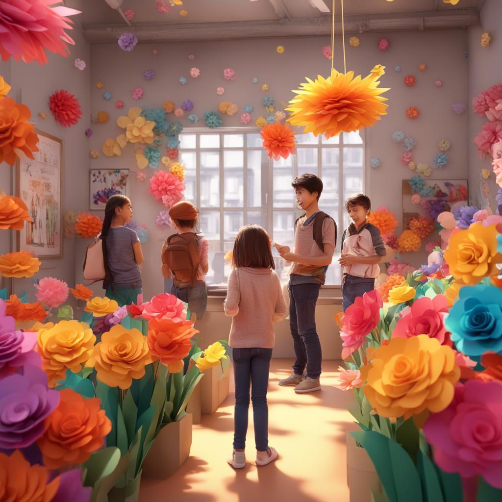 Visitors admiring the paper flowers made by the children, smiles and excitement all around, an engaging and supportive atmosphere, digital art, bright colors, inviting scene, high quality