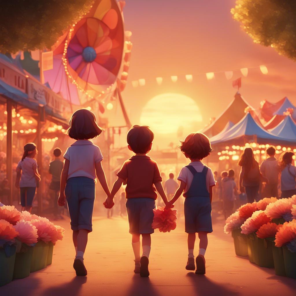 Children walking away from the fair, holding their beautiful paper flowers, proud smiles on their faces, sunset in the background, digital art, warm colors, heartwarming atmosphere, high quality