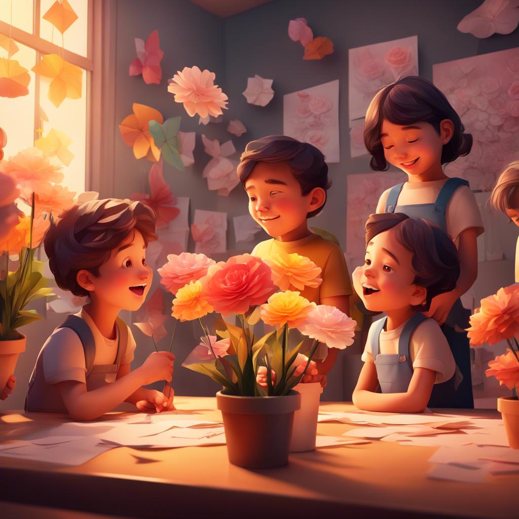 A group of happy children deciding to organize their own paper flower exhibition every year, playful expressions, the setting sun, digital art, inspirational colors, hopeful atmosphere, high quality