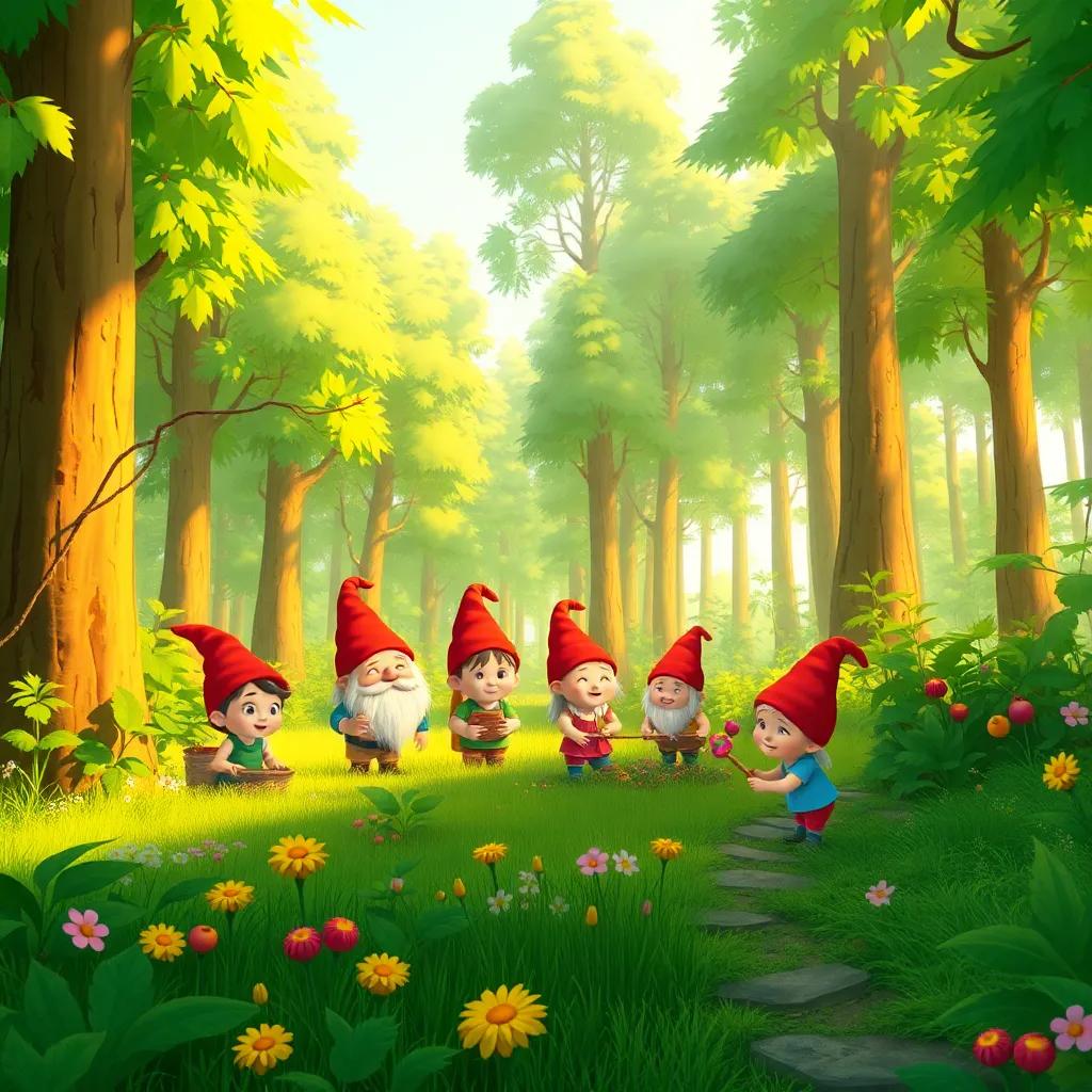 A lush green forest with tall trees, home to a small tribe of short, cheerful gnomes working together planting flowers and gathering fruits, colorful and vibrant illustration, warm sunlight filtering through leaves, cheerful atmosphere, child-friendly, high quality