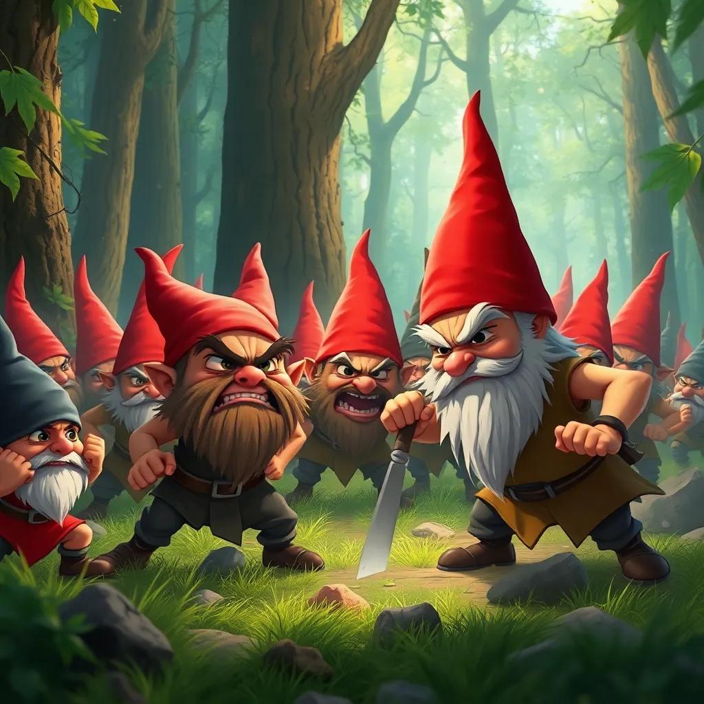 A fierce battle scene in the forest with two groups of short gnomes, one group looking angry and the other group looking determined, detailed illustration, bright colors, dynamic action, intense atmosphere, high quality