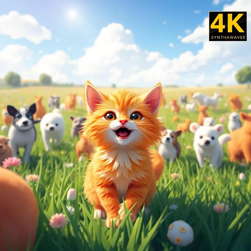 A sunny day in a large field filled with various animals, a small cat named Mimi with fluffy orange fur, looking excited and playful, digital art, bright colors, cheerful atmosphere, high quality