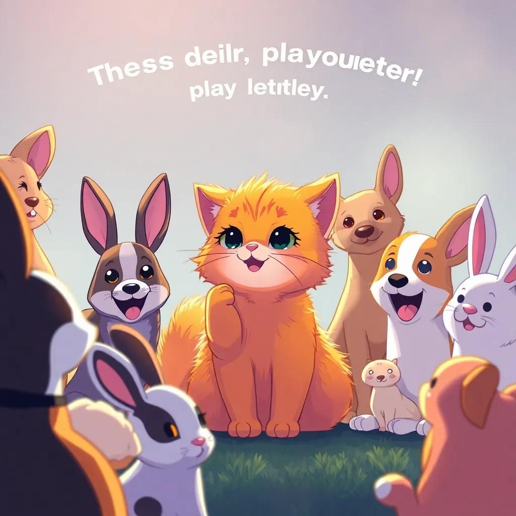 Mimi, the small cat with fluffy orange fur, suggesting everyone play together, surrounded by other animals like rabbits and dogs who look curious and happy, illustration, warm light, friendly, engaging mood, high quality