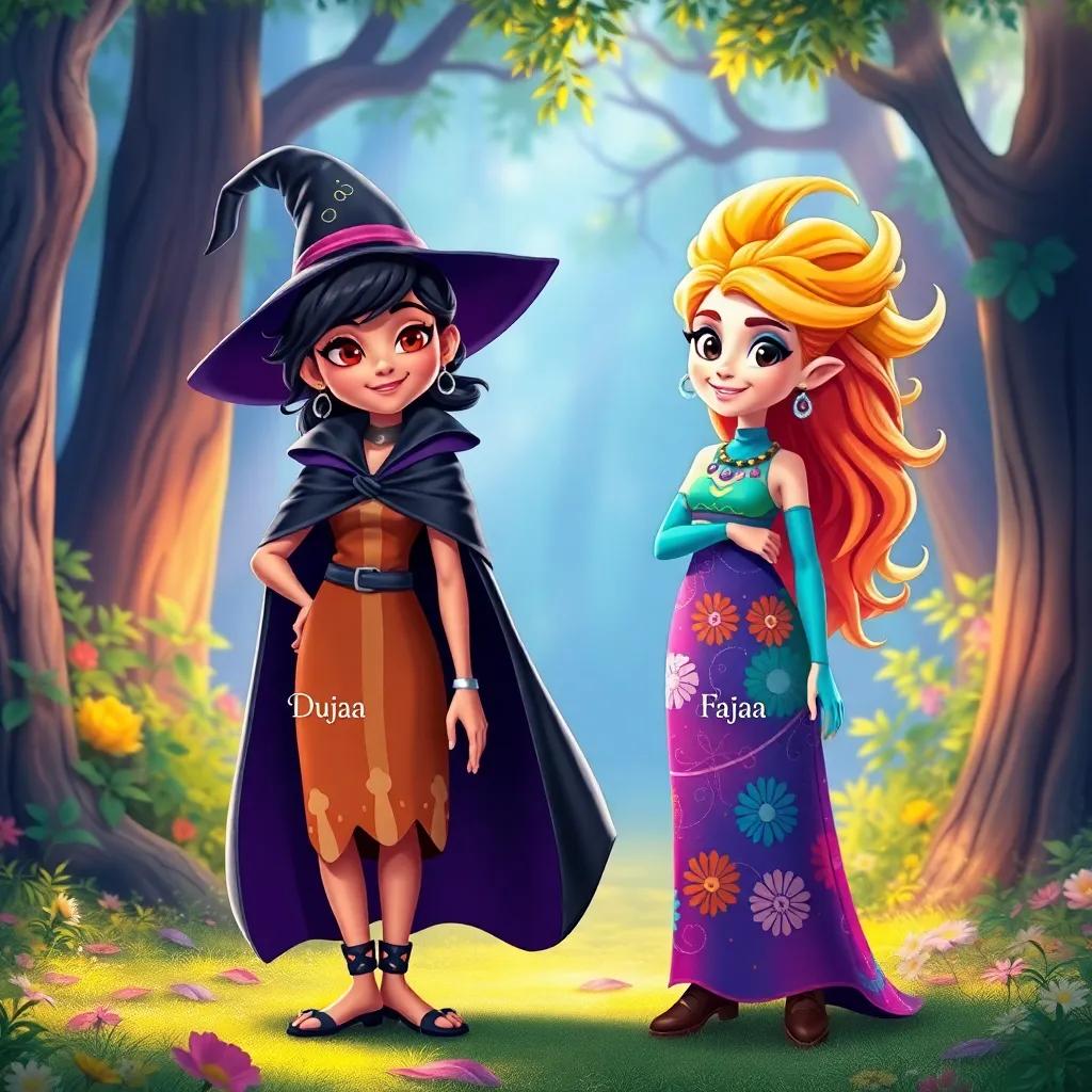 Two witches, one named Dujaa with dark hair, wearing a black cloak, and the other named Fajaa with bright hair, wearing a colorful dress, standing in a magical forest, vibrant colors, fantasy illustration, bright and cheerful atmosphere, high quality