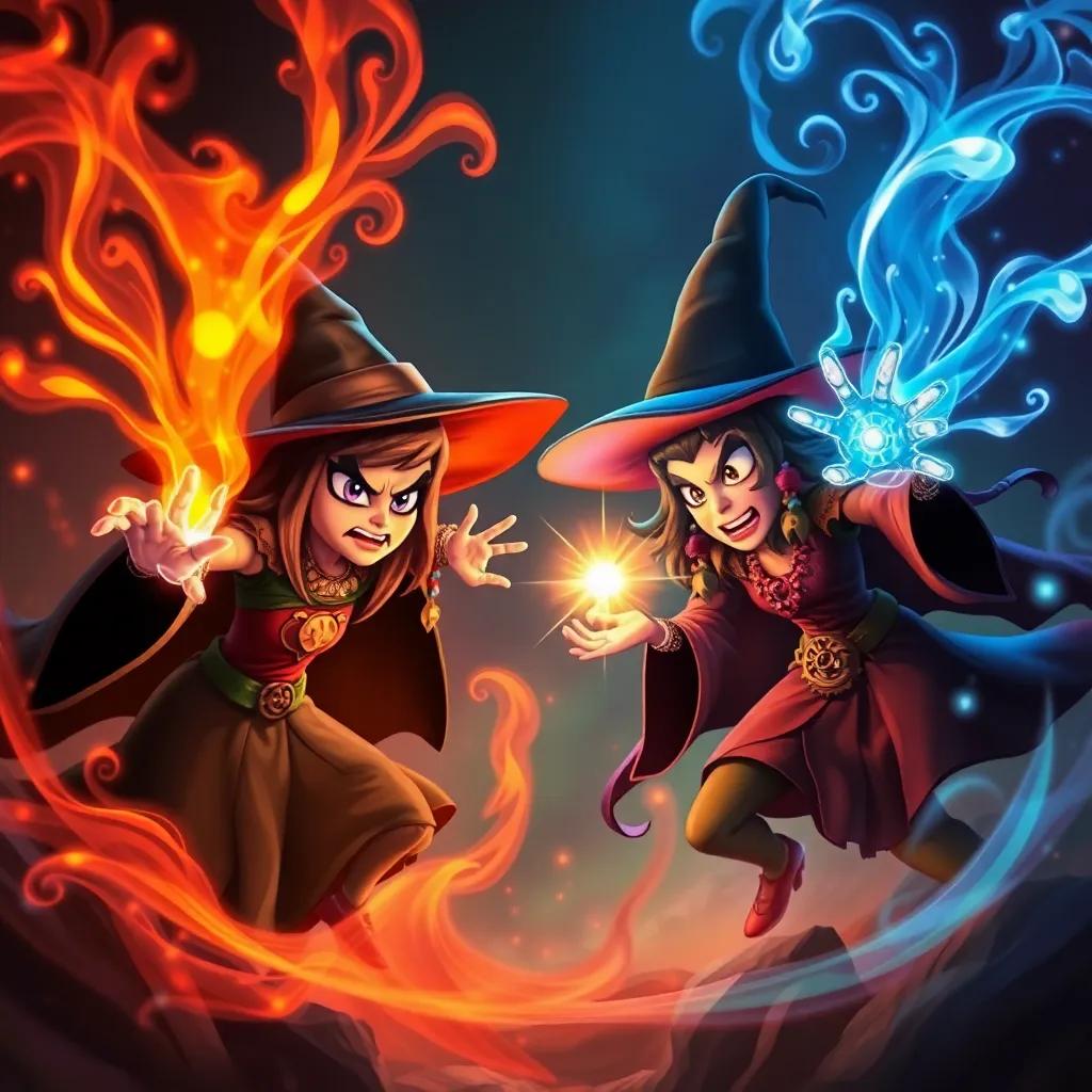 A battle scene between the two witches, Dujaa casting dark magic with angry eyes, Fajaa countering with a sparkling light, surrounded by swirling magical effects, dramatic lighting, colorful, dynamic composition, high quality