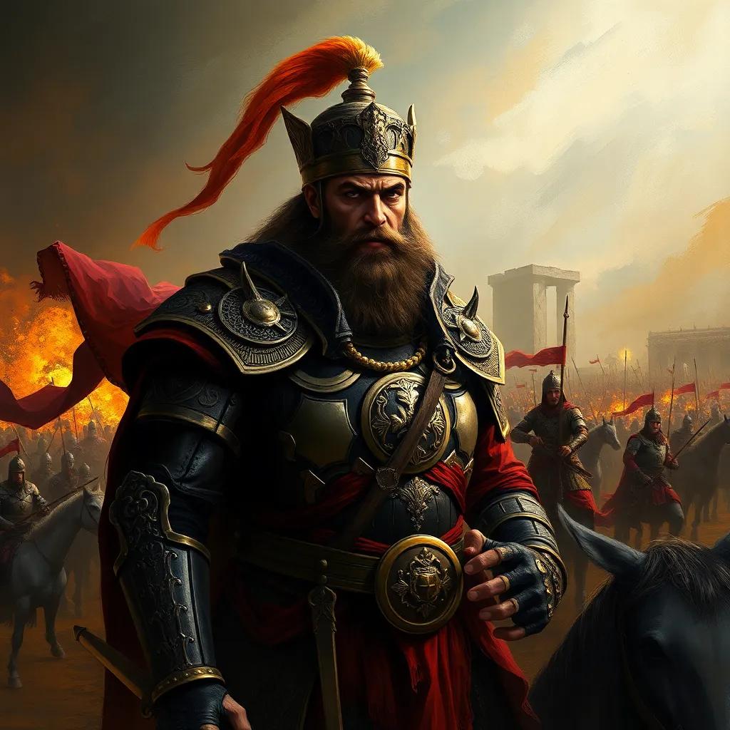 A fierce Persian general, Rustam, with a stern face and elaborate armor, standing tall on a battlefield with his soldiers, surrounded by chaos of battle, digital art, intense, dark colors, dramatic focus