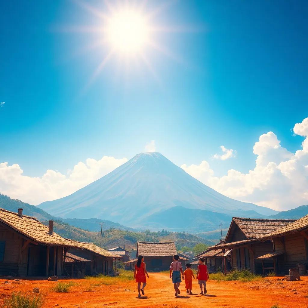 In an ancient village, children playing under the blue sky, looking at the majestic volcano called Mount Fire in the background, bright and cheerful atmosphere, digital art, highly detailed, vibrant colors, warm sunlight