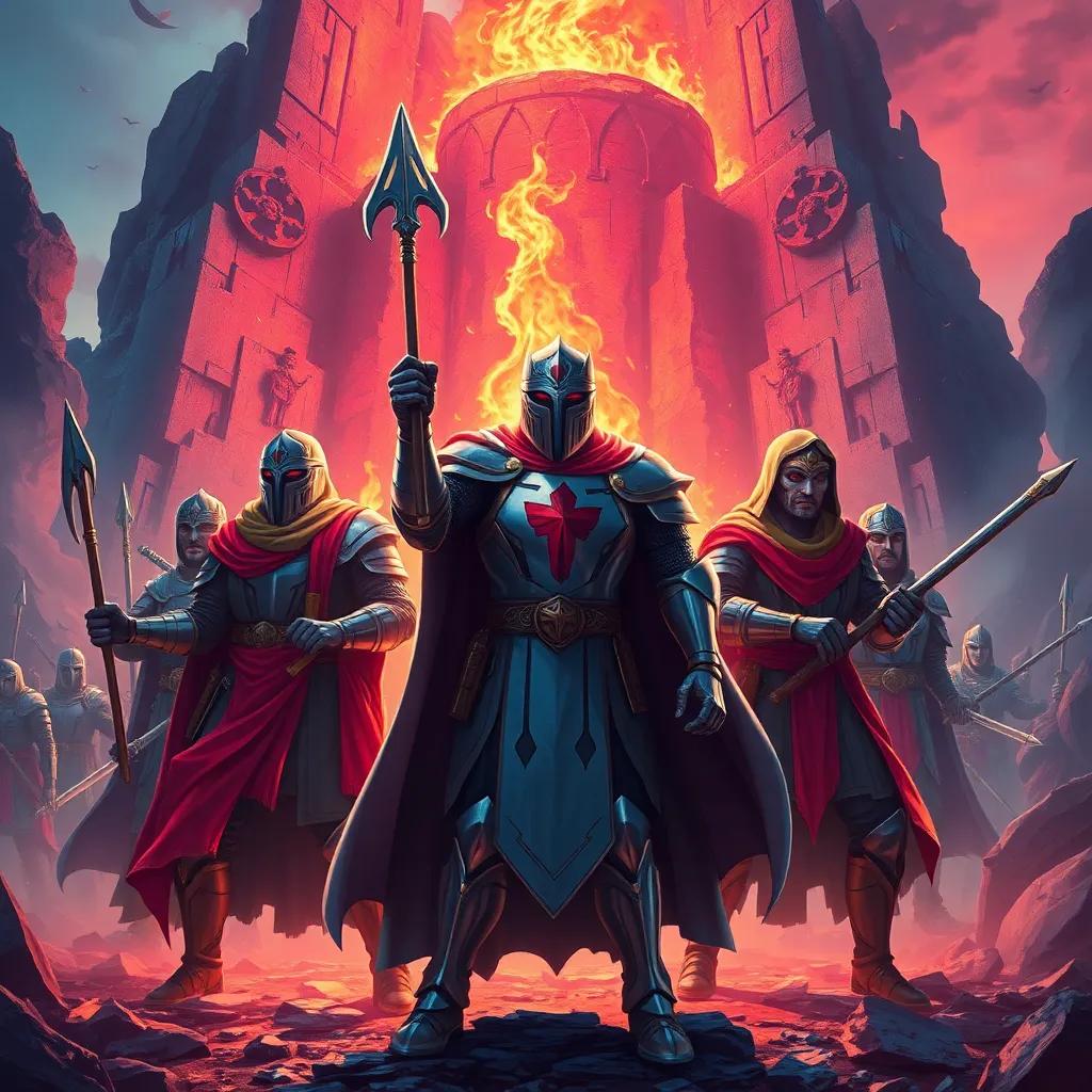 Inside Mount Fire, a strong army led by a brave knight, Hotsi Lootsi, with his fellow leaders Jaawa, Dr. Abeer, Lulu Al-Saadi, and Roosh Al-Qamaash, preparing for battle, powerful and heroic scene, digital art, high quality, strong colors, dynamic pose
