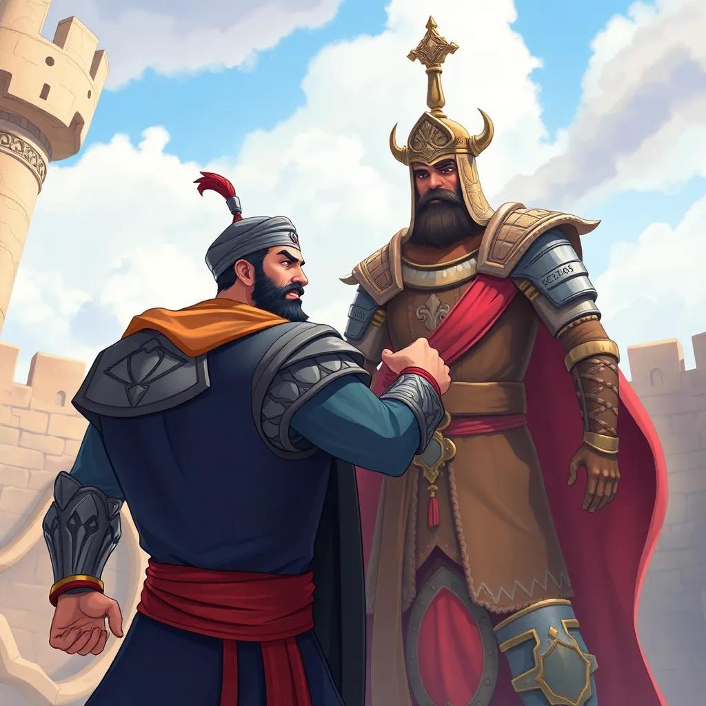 Imam Ali, a brave man, with strong features, facing a tall, armored warrior named Marhab in a fort, dynamic pose, illustration, vibrant colors, conflict scene