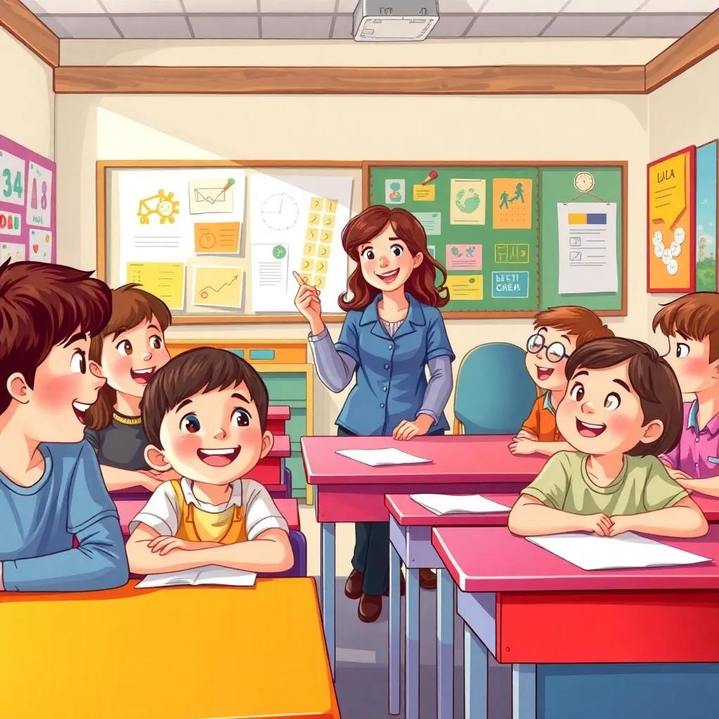 A joyful classroom scene with children looking at their teacher, engaged and smiling, colorful desks and educational posters on the walls, vibrant colors, illustration, family-friendly, high quality