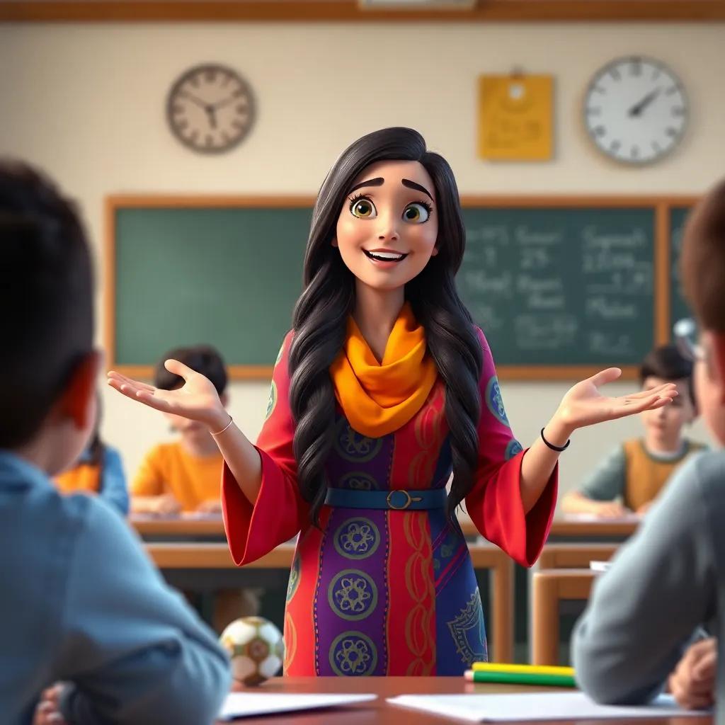 A classroom scene with a teacher named Sarah, a young Arab woman with long, dark hair, wearing a colorful abaya, passionately teaching mathematics to her students, digital art, bright colors, engaging and inspiring atmosphere, high quality