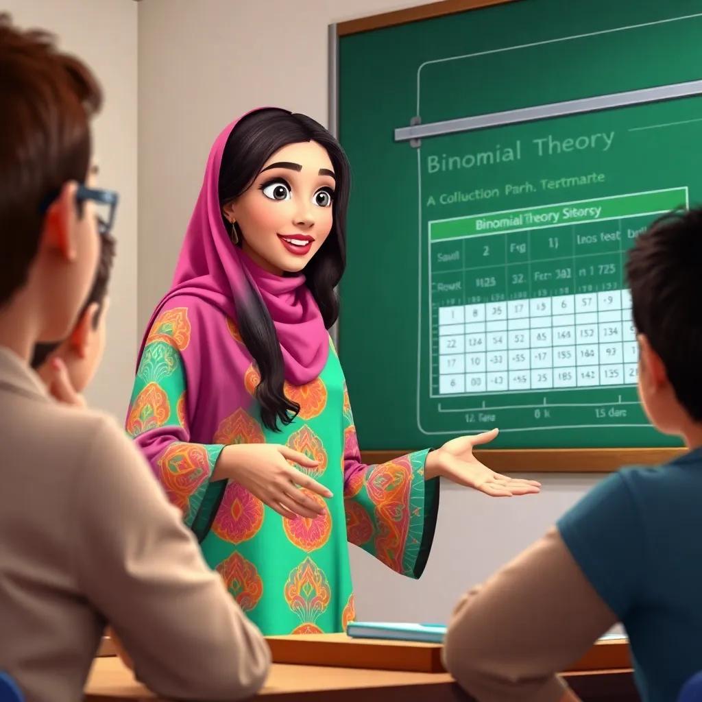 Sarah, a young Arab woman with long, dark hair in a colorful abaya, explaining binomial theory with a chart on the board, students looking engaged and curious, educational setting, vibrant colors, focused and interactive vibe, high quality