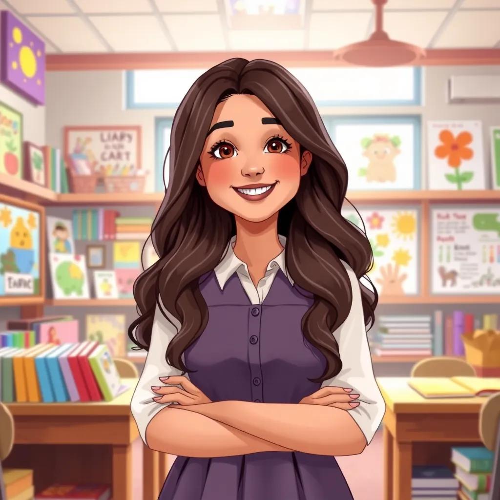 A kind teacher, Sara, with long, wavy hair, wearing a modest dress, smiling warmly in a colorful classroom filled with books and children's art, bright and cheerful atmosphere, digital art, vibrant colors, inviting scene, high quality