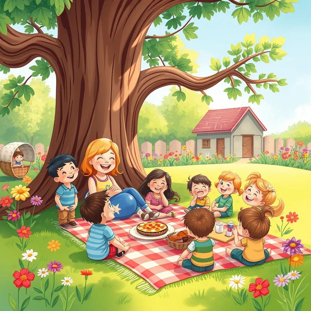 A cheerful outdoor scene where Sara takes her students on a trip to a garden, children laughing and playing, colorful picnics on the grass under a big tree and bright flowers, joyful and vibrant, high quality