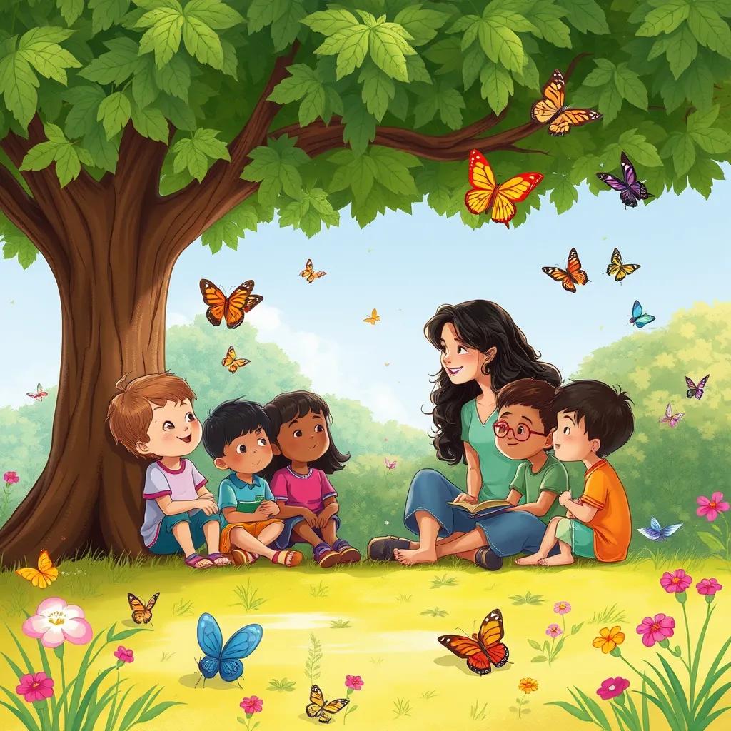 A serene moment where Sara and her students are sitting under a tree, with children looking around at nature, colorful butterflies fluttering nearby, friendly and warm environment, high quality