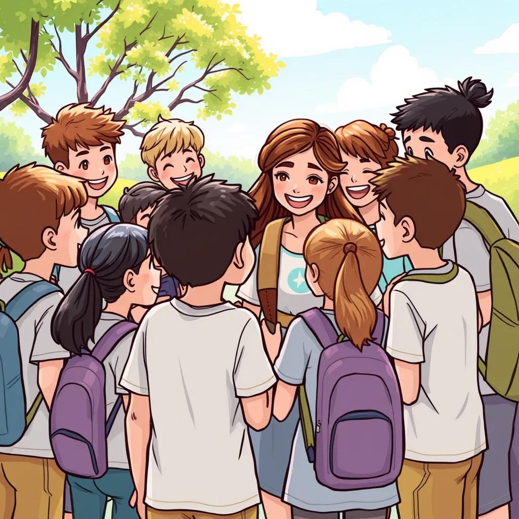 A heartwarming moment after the trip, with students gathering around Sara, thanking her with big smiles, bright sunny day, joyful atmosphere, high quality