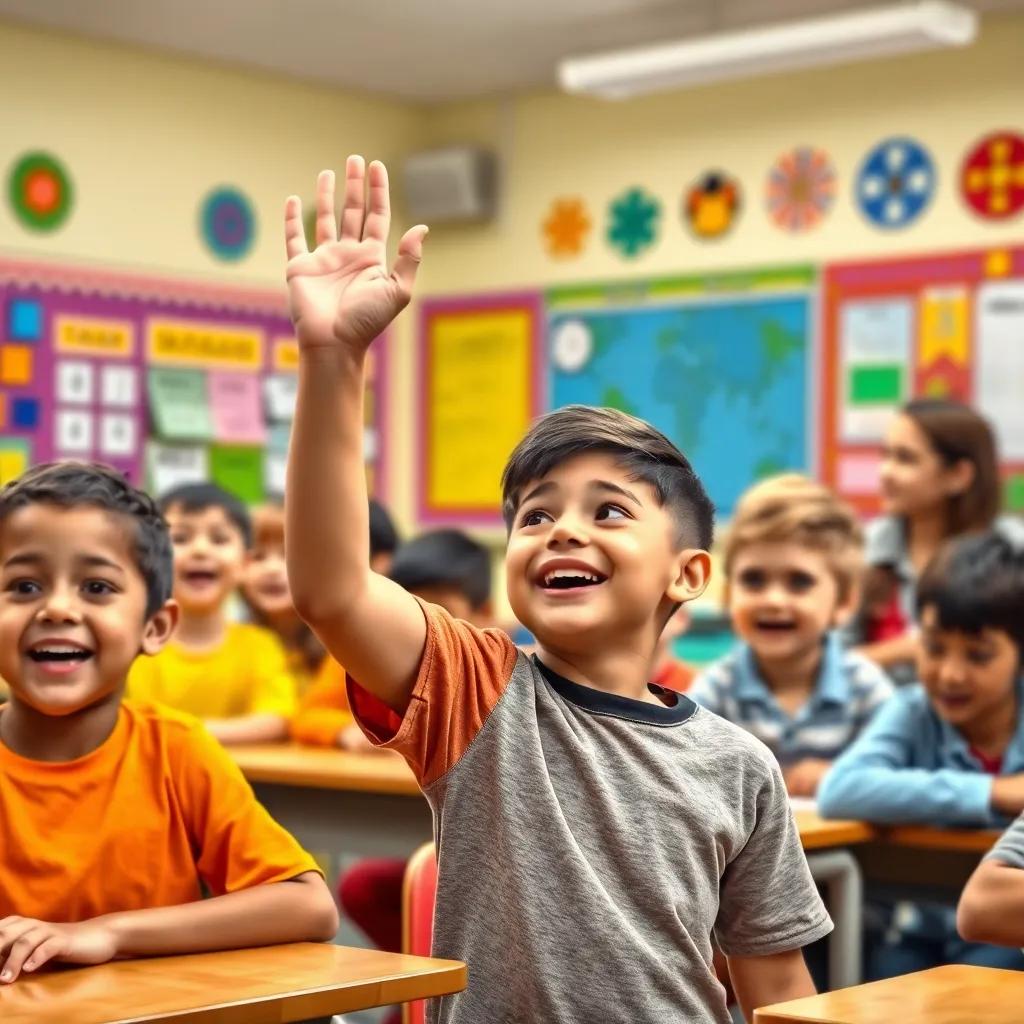 A classroom with excited children, one boy raising his hand eagerly, a teacher smiling while explaining a math lesson, colorful decorations on the walls, digital art, bright and cheerful atmosphere, high quality
