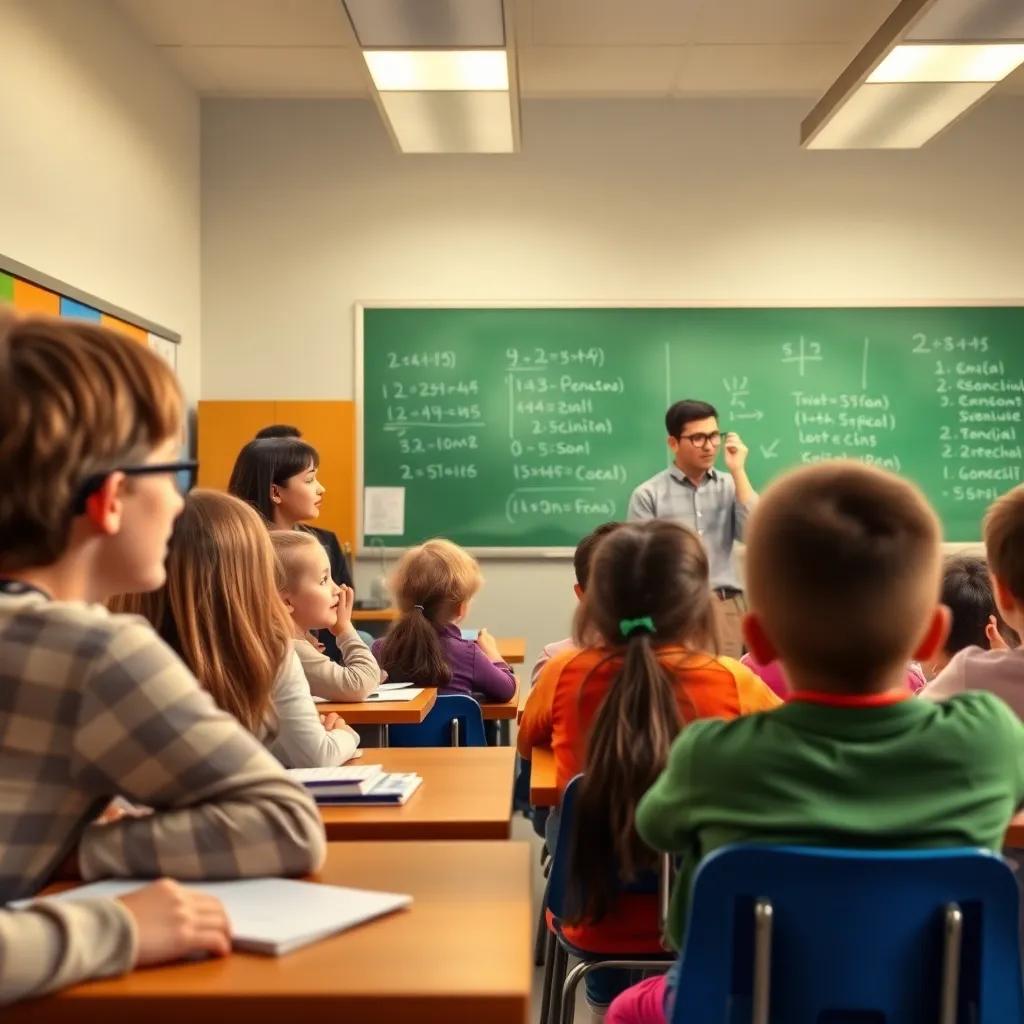 A lively classroom scene with students actively participating, a teacher encouraging them while writing on the board, math problems visible, warm lighting, vibrant colors, engaging and fun perspective, high quality