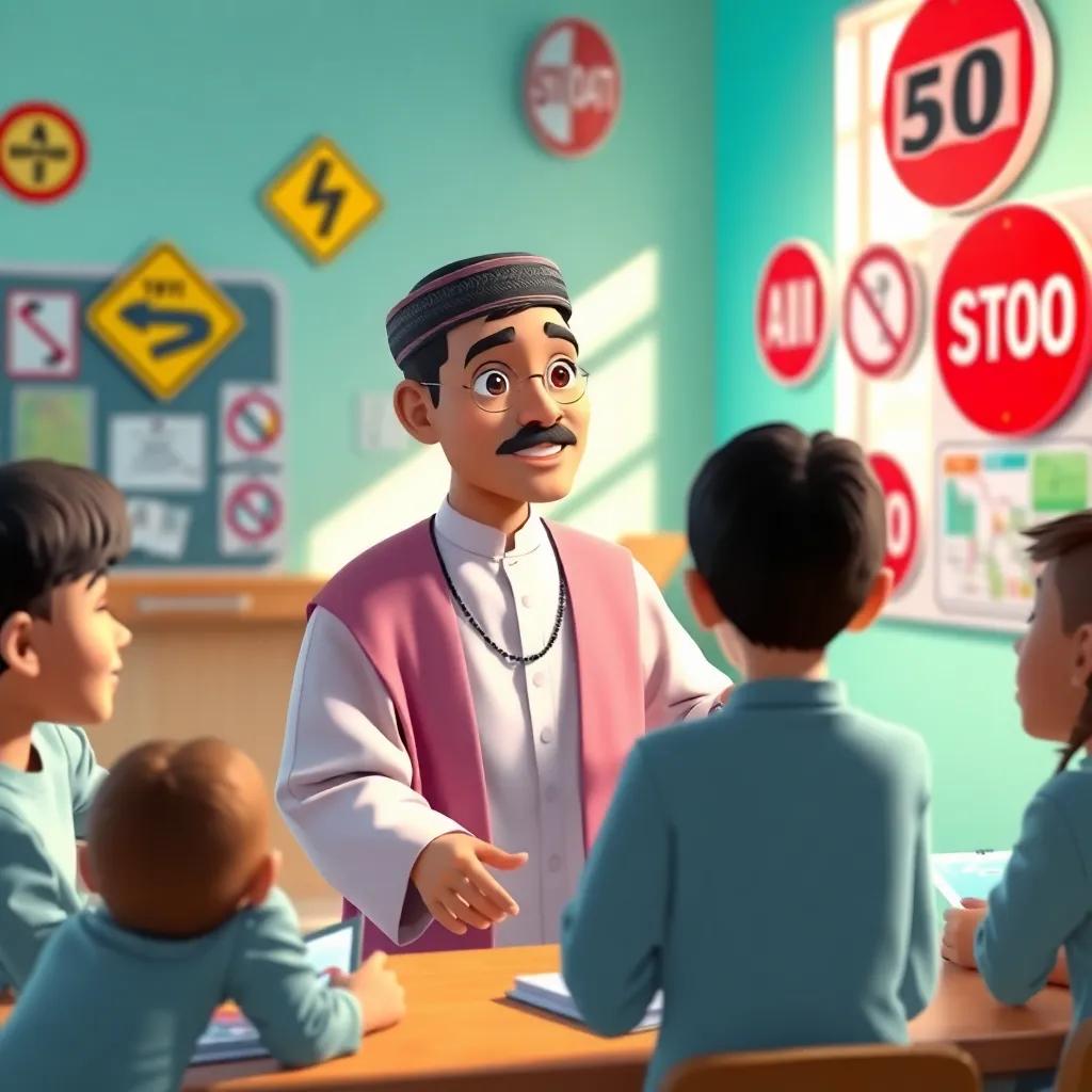 A wise Omani teacher, سعيد, with short black hair, wearing a traditional dishdasha and a kumma, teaching students about traffic safety, bright classroom with traffic signs on the wall, colorful charts and notebooks spread around, digital art, vibrant colors, engaging atmosphere, high quality