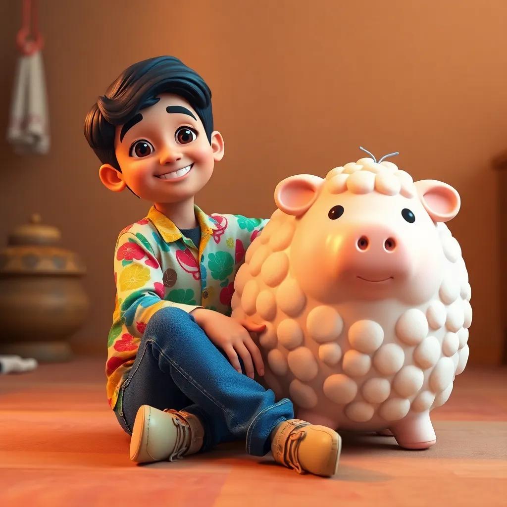 A young Arab boy, Ali, with short black hair, wearing a colorful shirt and jeans, sitting happily with a large piggy bank that looks like a sheep, digital art, warm colors, cheerful atmosphere, high quality