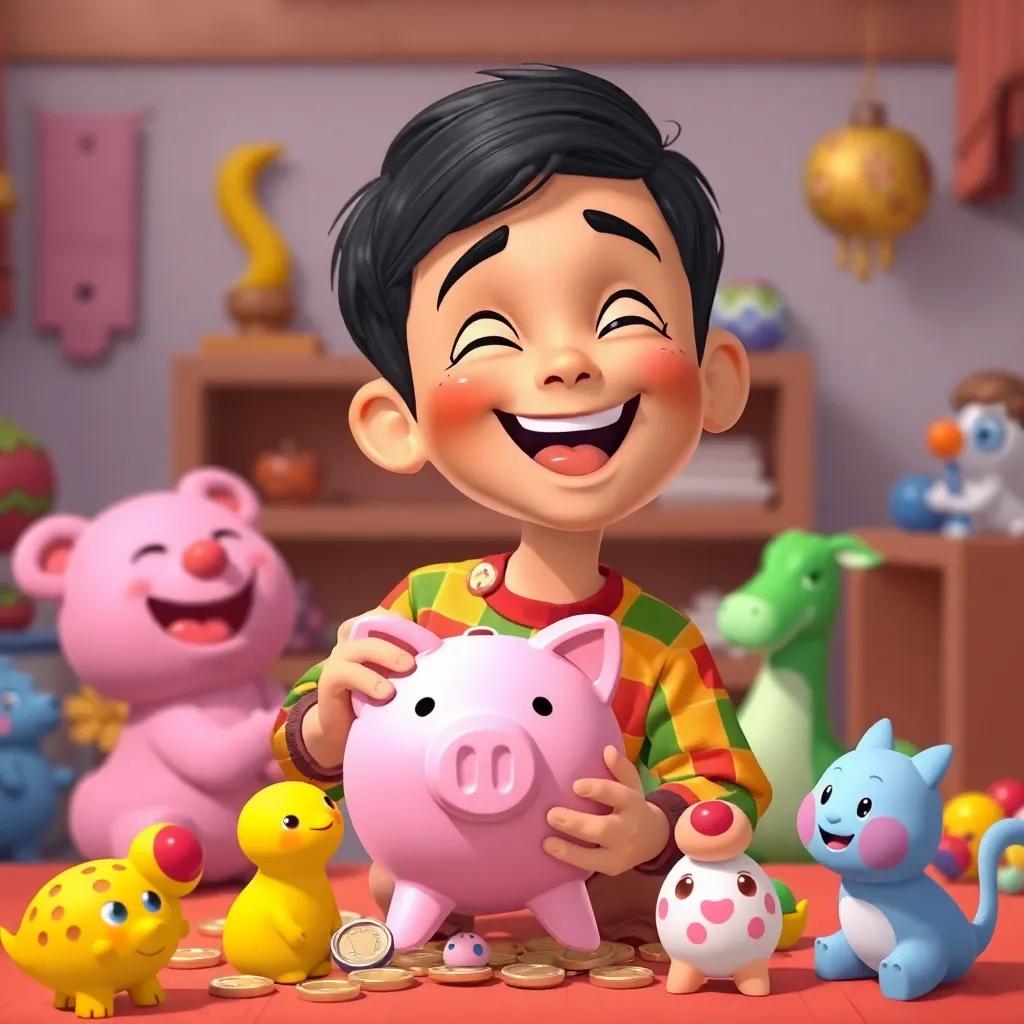 Ali, a young Arab boy, with short black hair in a colorful shirt, joyfully putting coins into his piggy bank, surrounded by colorful toys and happy friends, illustration, playful, child-friendly