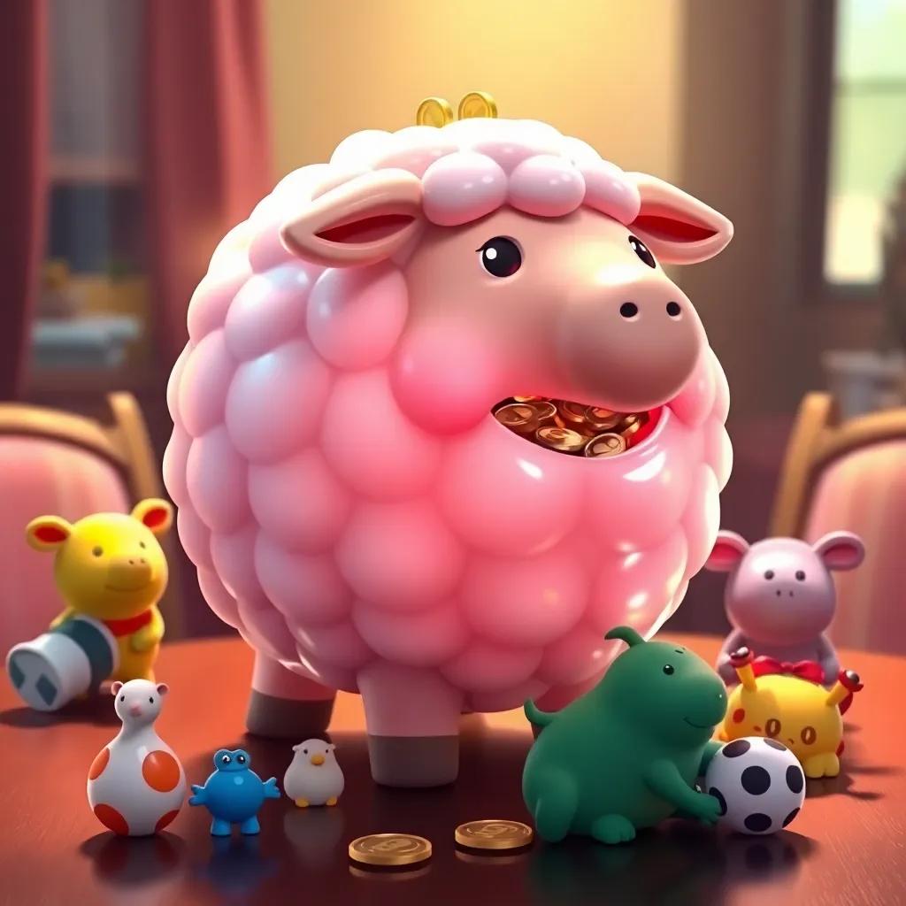 A big, shiny piggy bank shaped like a sheep, filled with coins, sitting on a table, with several toys around it symbolizing dreams and savings, digital painting, bright colors, uplifting