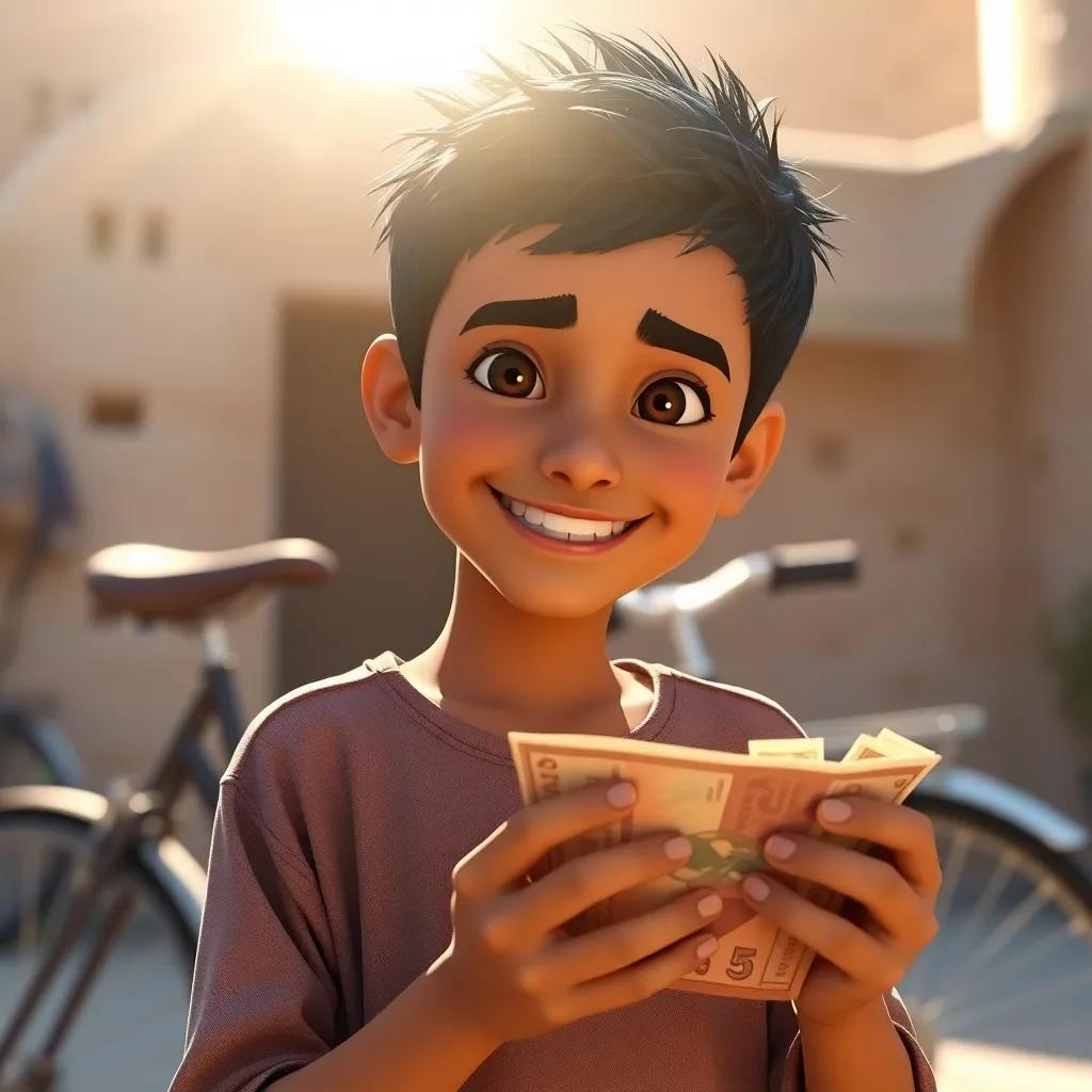 Ali, the young Arab boy with short black hair, counting his savings with a big smile, with his bicycle in the background, basking in the sunlight, warm light, inviting scene, high quality