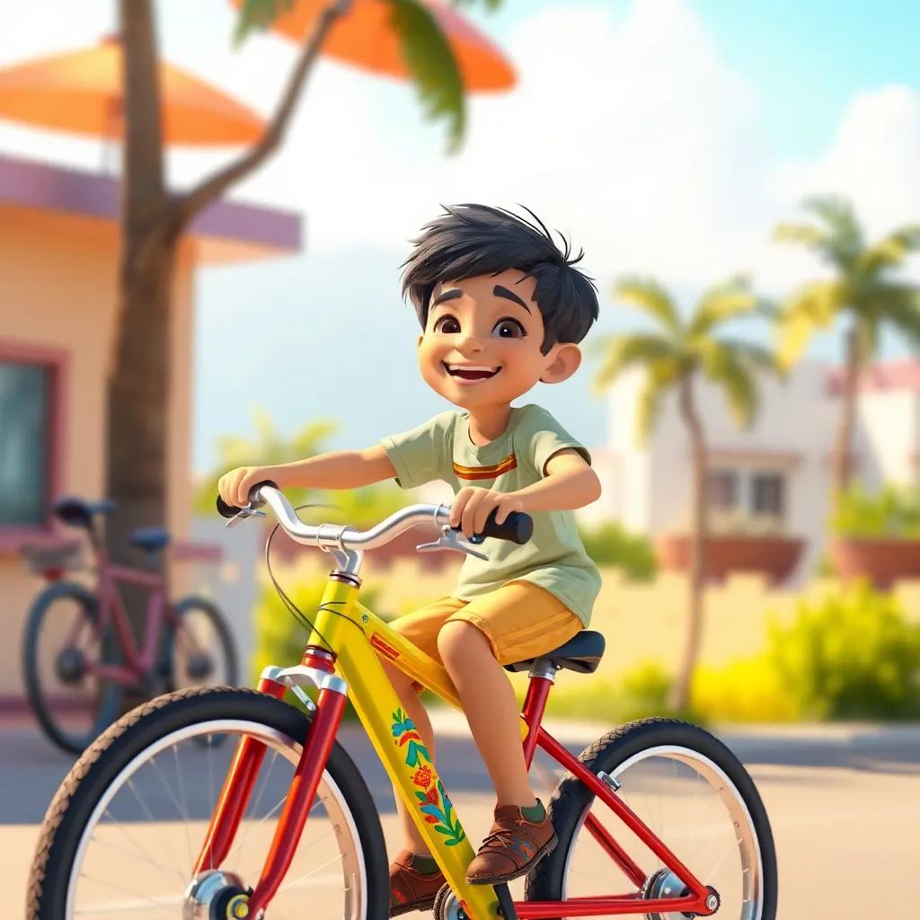 Ali, the young Arab boy with short black hair, riding his new colorful bicycle with joy, feeling free and happy on a sunny day, digital art, vibrant colors, energetic atmosphere, high quality