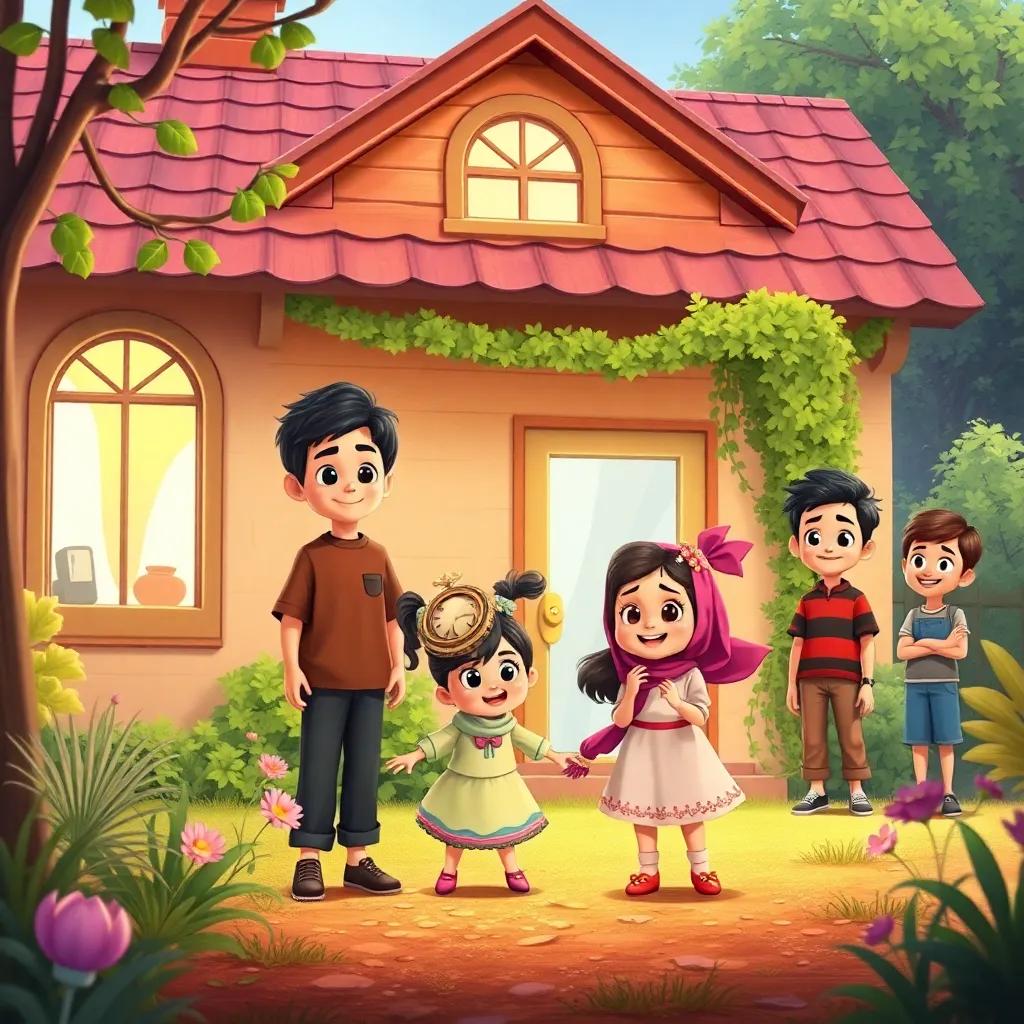 A warm, cozy house with four children playing in the garden, a tall boy Samer, a girl Juna with bright eyes, a little girl Talia giggling, and a young man Adel watching from a distance, cartoon style, cheerful atmosphere, bright colors, family setting, high quality