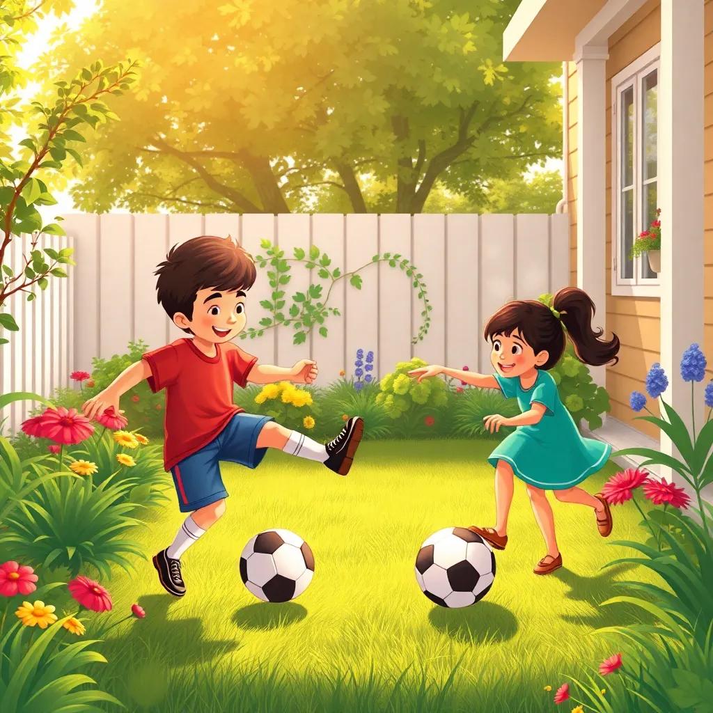 The children in the garden, kicking a soccer ball, Samer showing skills, Juna cheering, Talia laughing joyfully, mother watching lovingly from the porch, illustration, warm sunlight, happy family vibe, vibrant colors, storytelling view, high quality