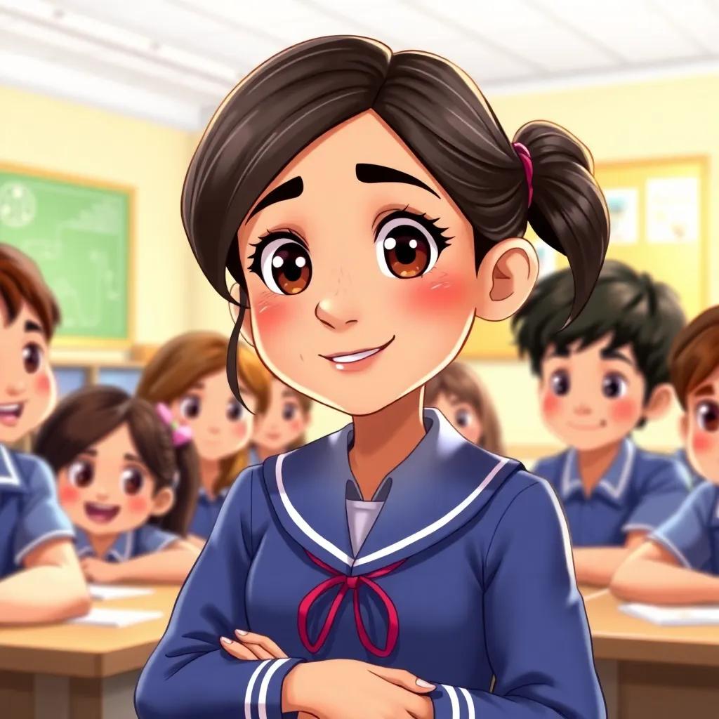 A determined girl leading the discussion, Maryam, with bright eyes and a confident smile, wearing a school uniform, surrounded by classmates eagerly listening, detailed digital illustration, bright classroom, cheerful environment