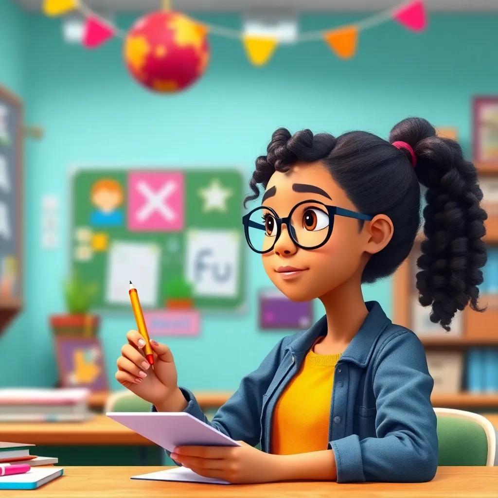 A competitive girl finding innovative solutions, Fatima, has curly hair tied back, wearing glasses, brainstorming with a notepad and pencil, vibrant classroom scene, colorful decorations, high quality