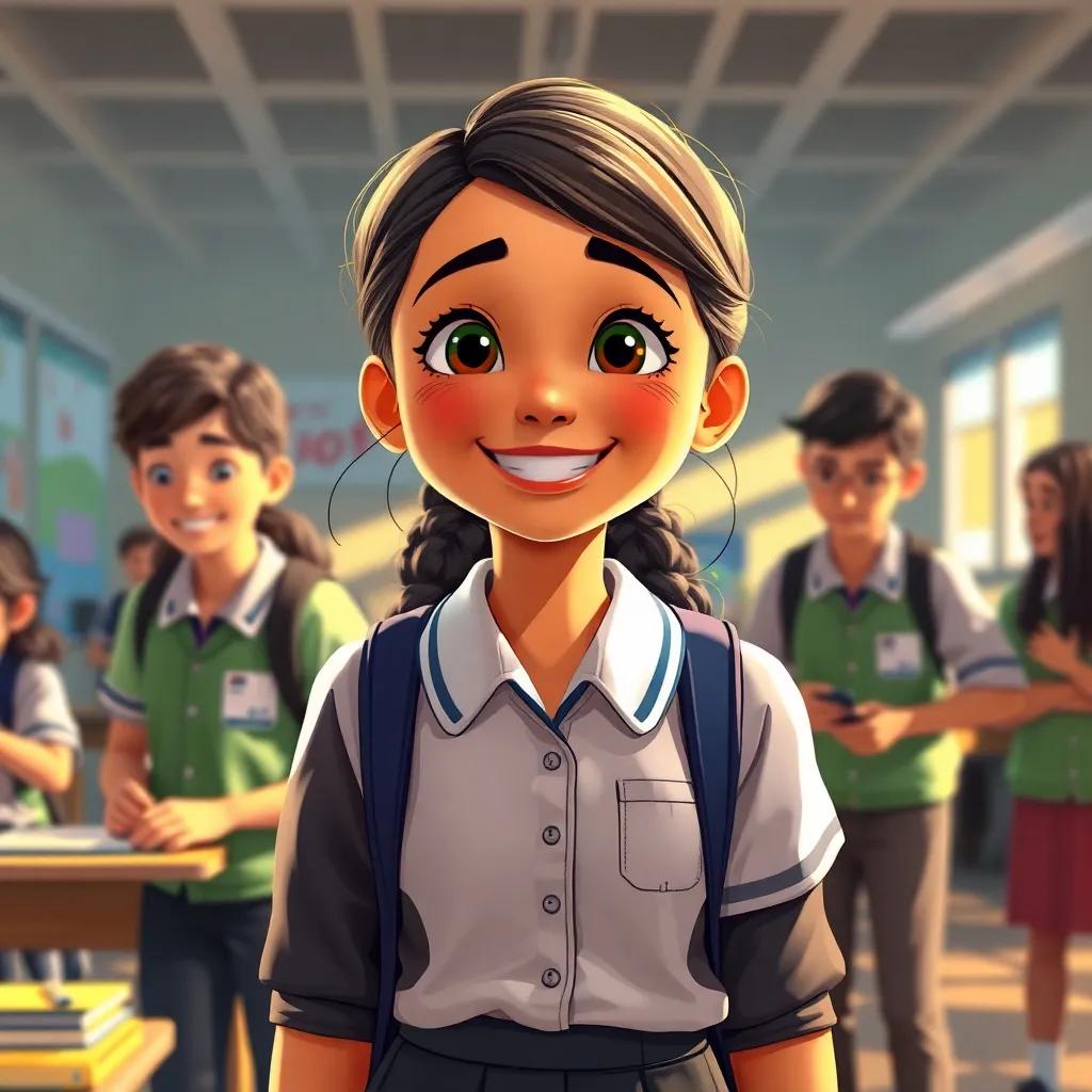 A generous girl, Salma, smiling and helping her friends with their work, wearing a school uniform, lots of teamwork happening in the background, warm light, everyday school life, vivid colors, high quality