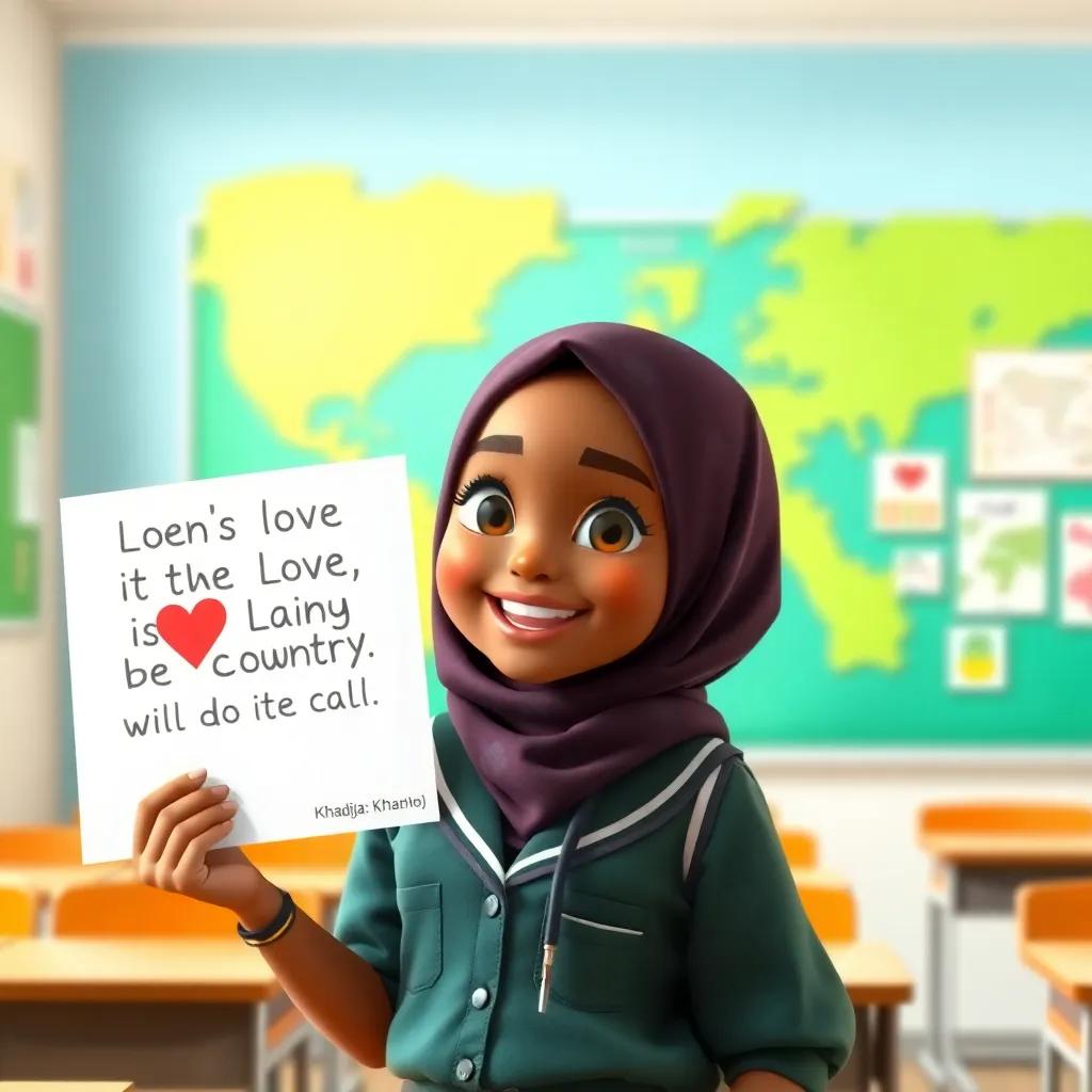 A passionate girl, Khadija, sharing her love for her country, holding a poster about community goals, wearing a school uniform, inspiring classroom setting, positive vibes, bright colors, clear focus, high quality