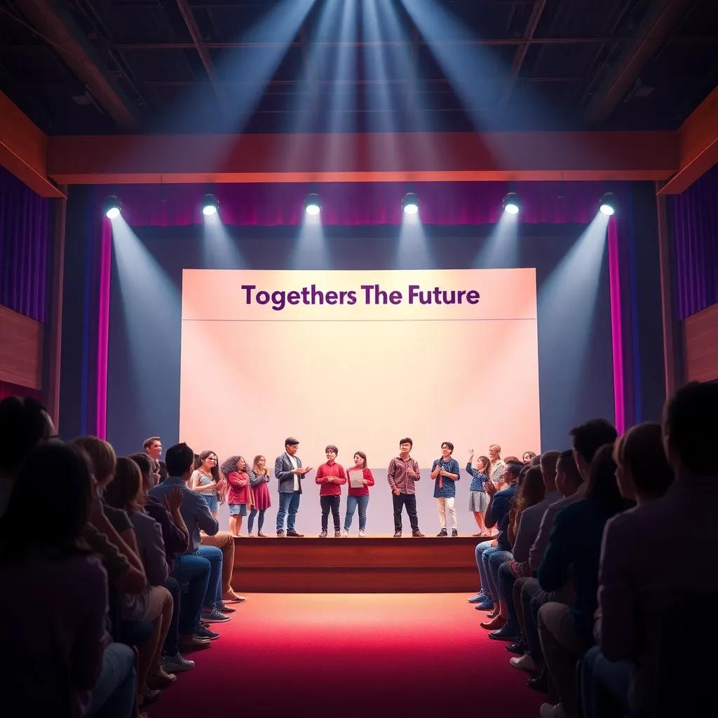 A stage with students presenting their project confidently, the audience applauding, bright lights shining from above, a banner saying 'Together Towards the Future', vibrant and energetic, digital artwork, inspiring atmosphere, high quality