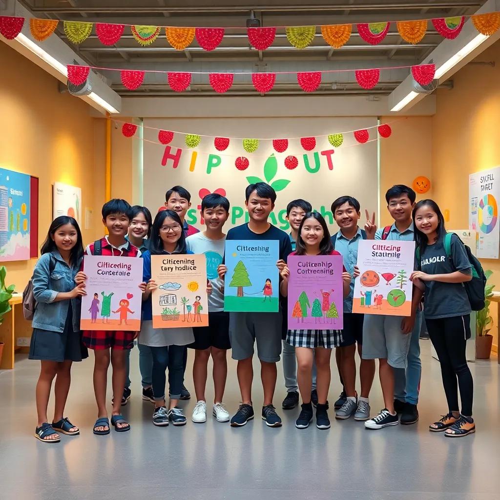 The project display with creative posters about citizenship and sustainability, students posing together proudly, bright banners and colorful decorations in the background, warm inviting light, celebration of achievement, high quality