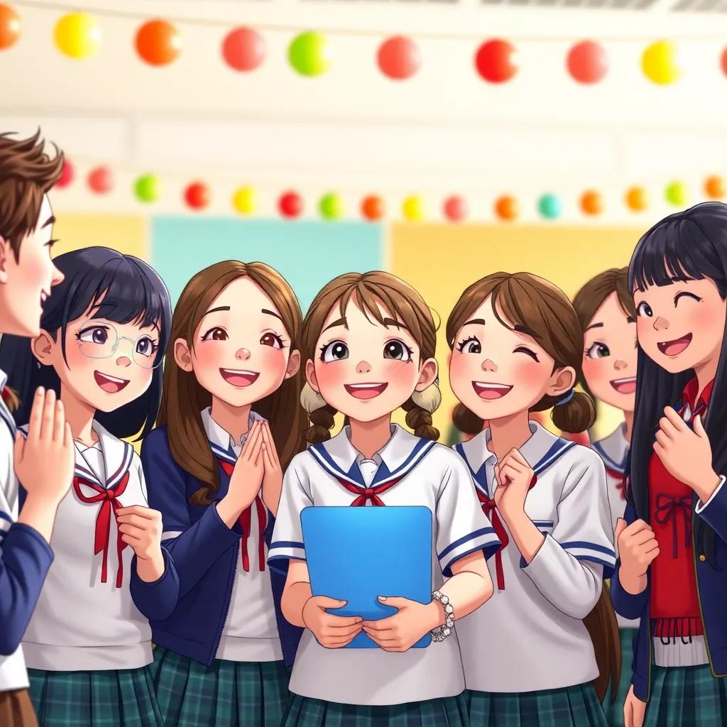 A proud moment after the presentation, girls smiling and receiving compliments, diverse expressions of joy, wearing school uniforms, colorful decorations in the background, high quality