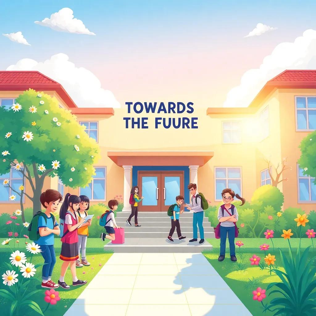 A final illustration of the school with the motto 'Together Towards the Future', bright sunshine and blooming flowers, students depicted happily working, symbolizing unity and community spirit, vibrant colors, high quality