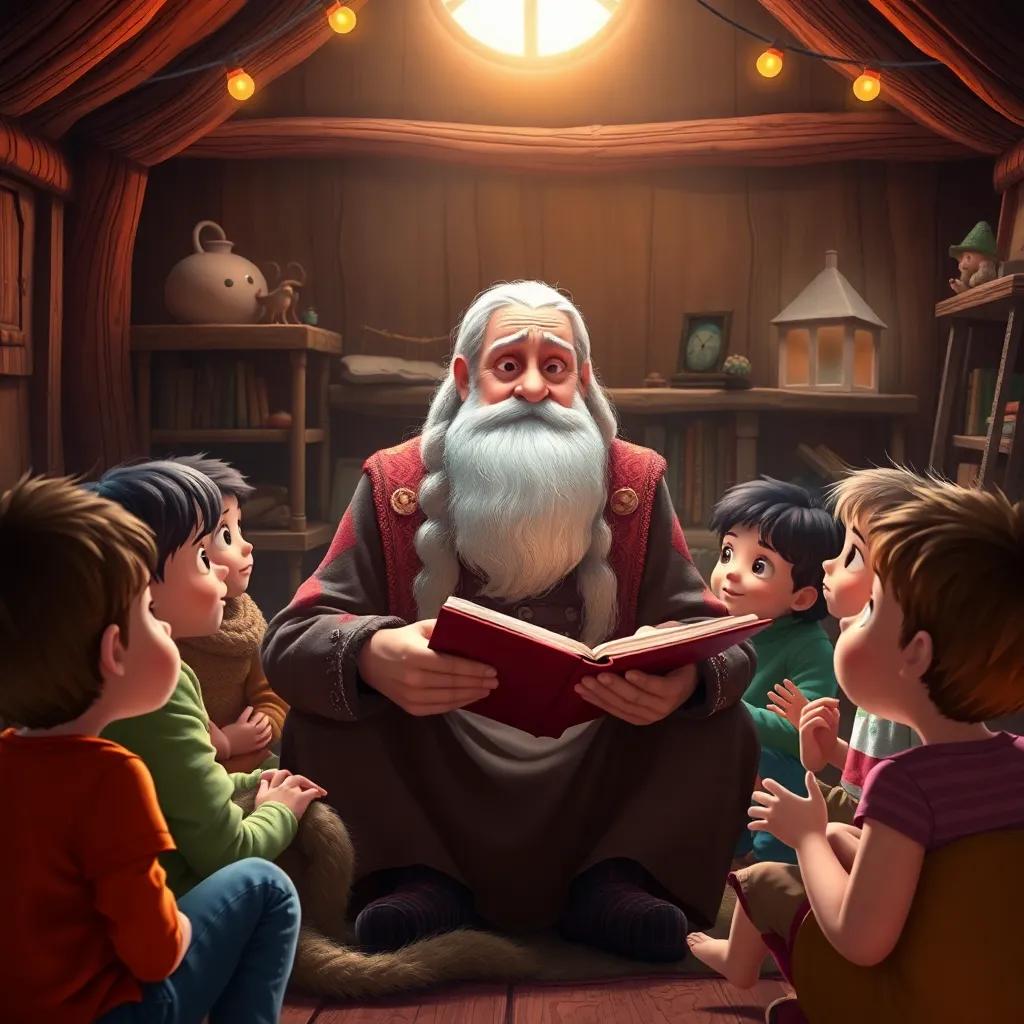 A kind old man with a white beard and long hair, sitting in a cozy house surrounded by eager children listening to his stories, warm light, whimsical atmosphere, digital art, highly detailed, inviting