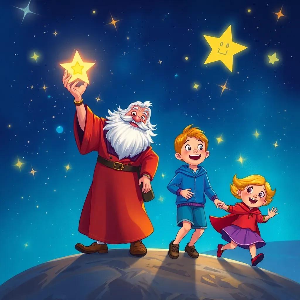 The old man, أبي الحكايات, leading children on a magical adventure through a starry night, with sparkles around them, illustrating the excitement of a journey, fantasy illustration, vibrant colors, enchanting