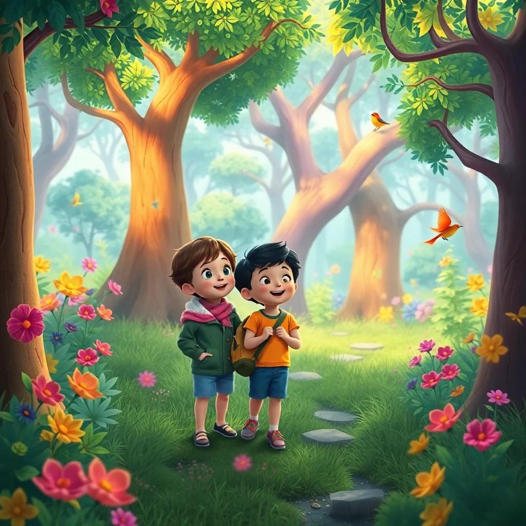 Children exploring a colorful enchanted forest with talking trees and singing birds along with أبي الحكايات, immersive and lively environment, lively colors, captivating magic, child-friendly
