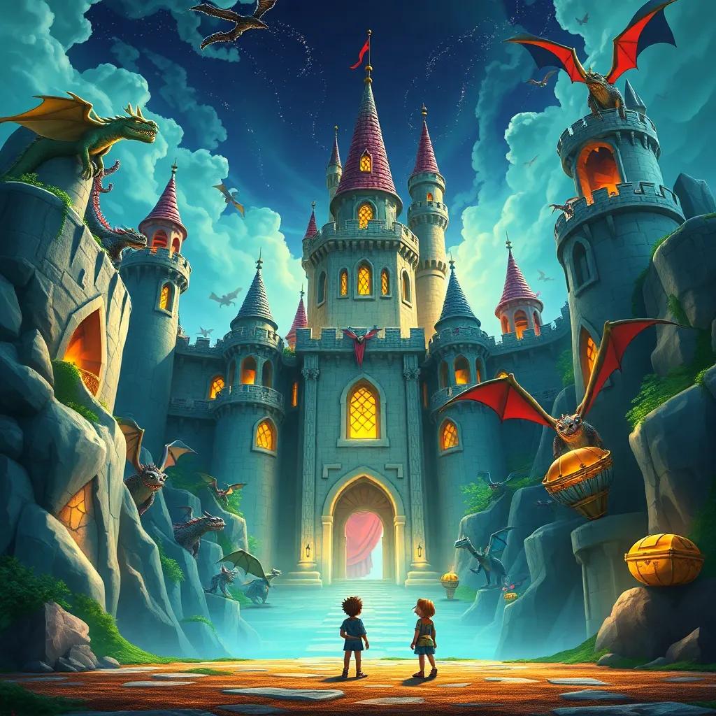 A great castle filled with dragons and hidden treasures, with أبي الحكايات and children standing in awe outside, detailed and magical setting, bright colors, adventurous atmosphere