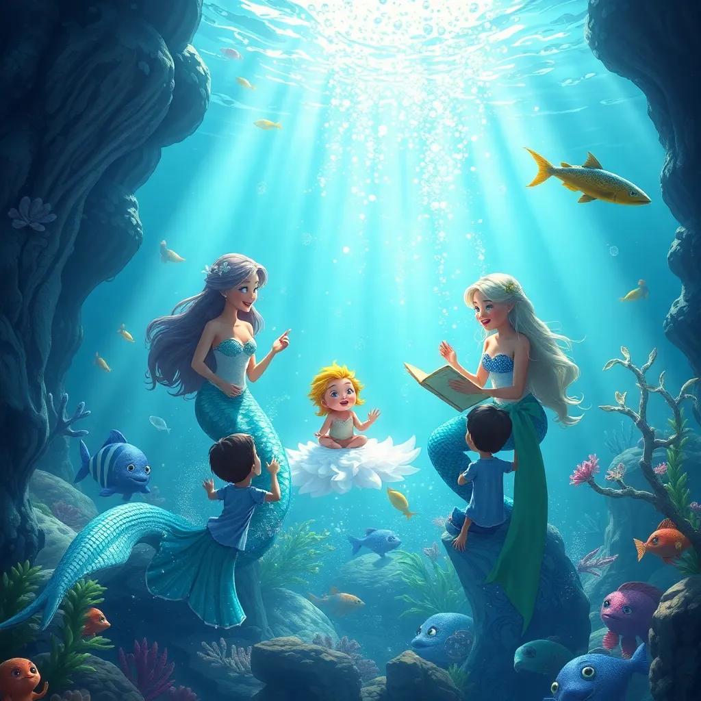 Underwater scene with beautiful mermaids singing and sharing stories with the children and أبي الحكايات, sparkling water, vibrant marine life, dreamy and enchanting vibe, highly detailed digital painting