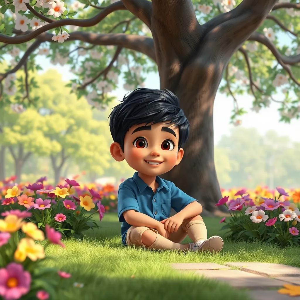 A young Arab boy, أحمد شوقي, with short black hair, wearing a blue shirt and beige shorts, sitting under a large tree in a beautiful park, surrounded by blooming flowers, digital art, vibrant colors, cheerful atmosphere, high quality