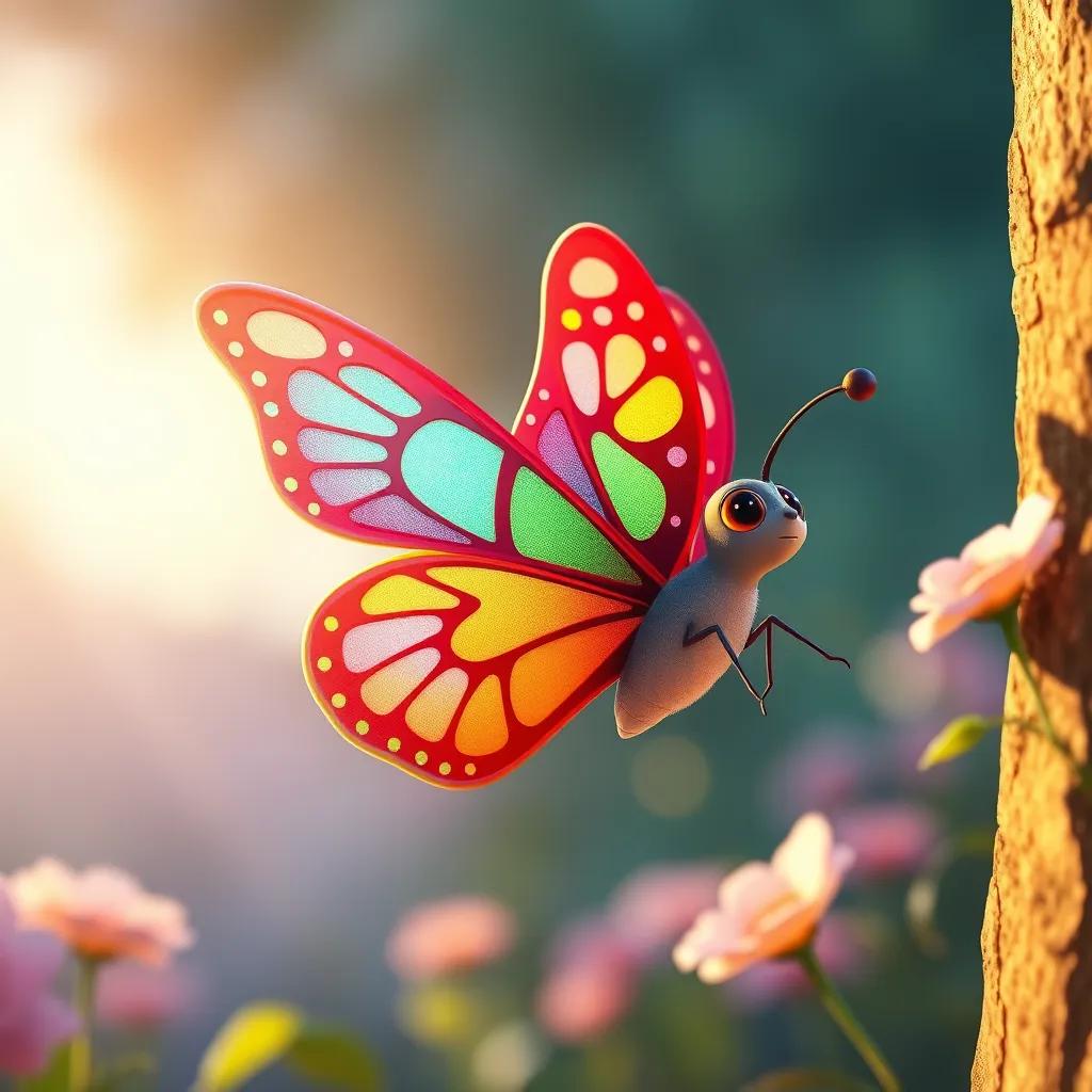 A colorful butterfly appearing beside أحمد شوقي, with intricate patterns on her wings, fluttering gently in the warm sunlight, illustration, enchanting, bright colors, child-friendly
