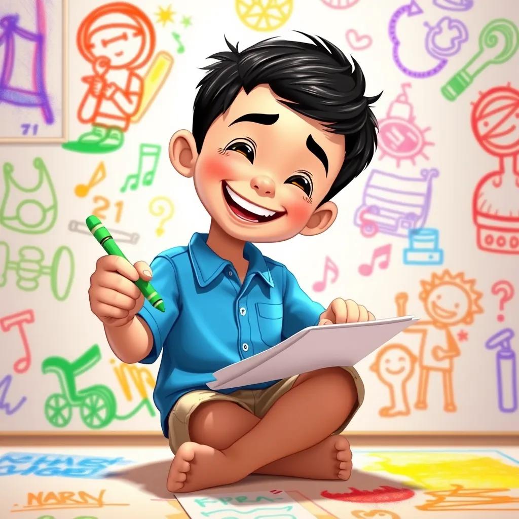 أحمد شوقي, a young Arab boy, with short black hair, wearing a blue shirt and beige shorts, joyfully writing on a piece of paper with a green crayon, surrounded by colorful drawings, bright light, happy mood, vibrant